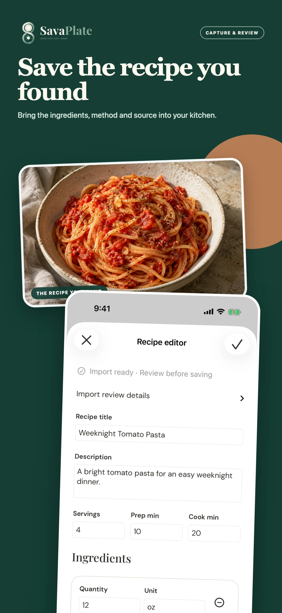 SOCIAL RECIPE IMPORT: SavaPlate iPhone app preview